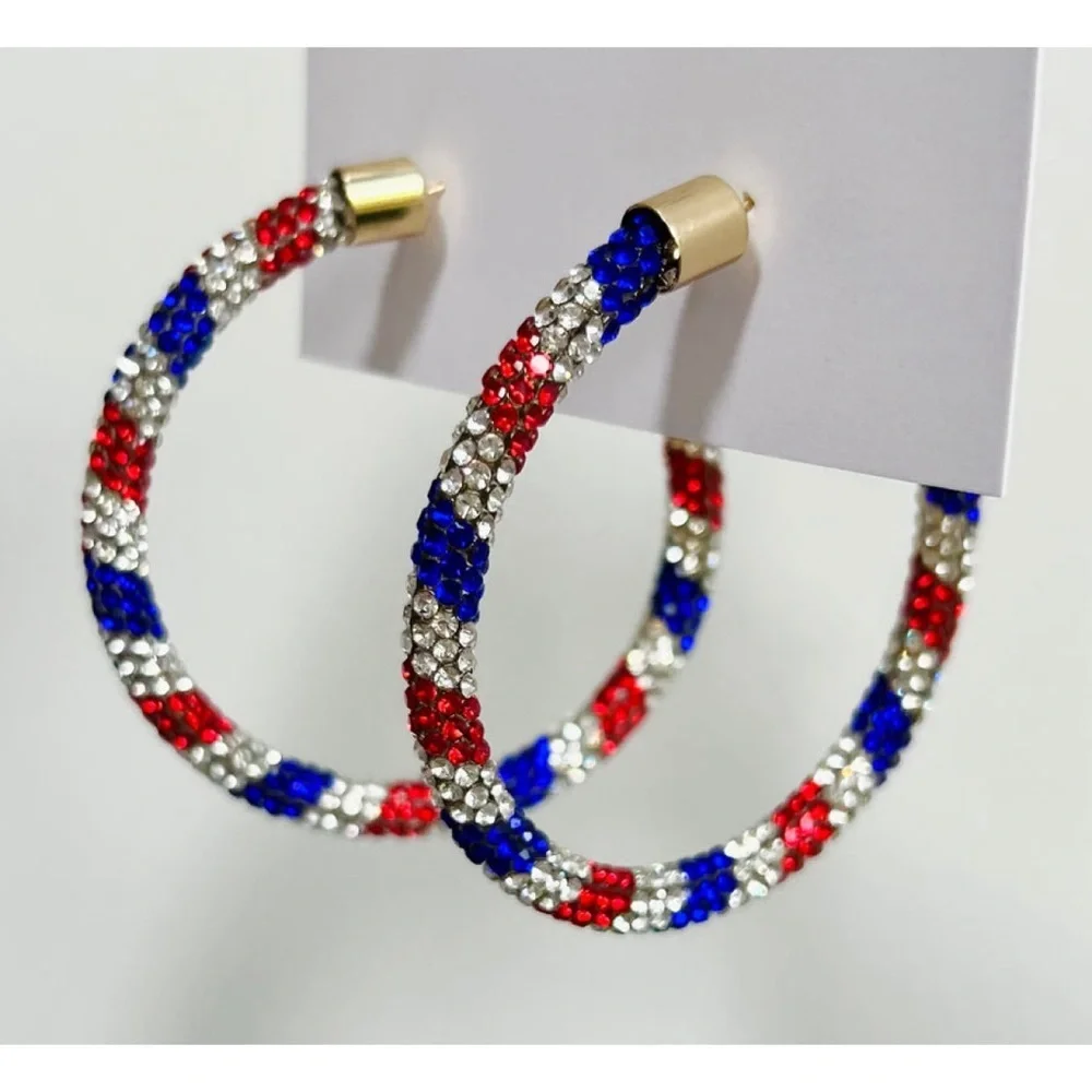 Blue/Red/White Pave Rhinestone Hoop Earrings, NEW